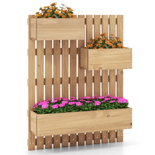 3-Box Wooden Raised Garden Bed with Trellises and Fabric Liners-Natural