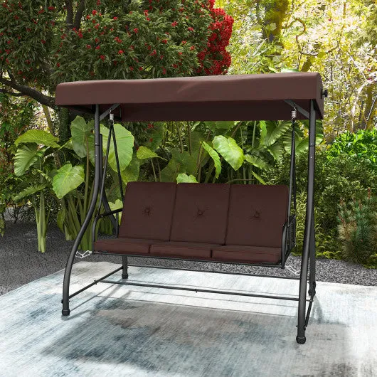 3 Seat Outdoor Porch Swing with Adjustable Canopy-Coffee