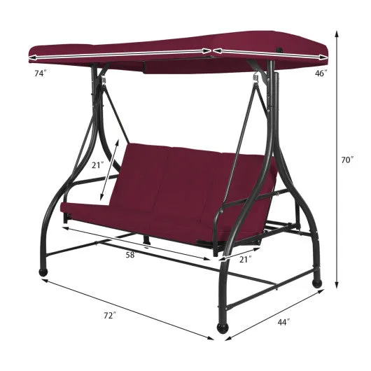 3 Seats Converting Outdoor Swing Canopy Hammock with Adjustable Tilt Canopy-Dark Red