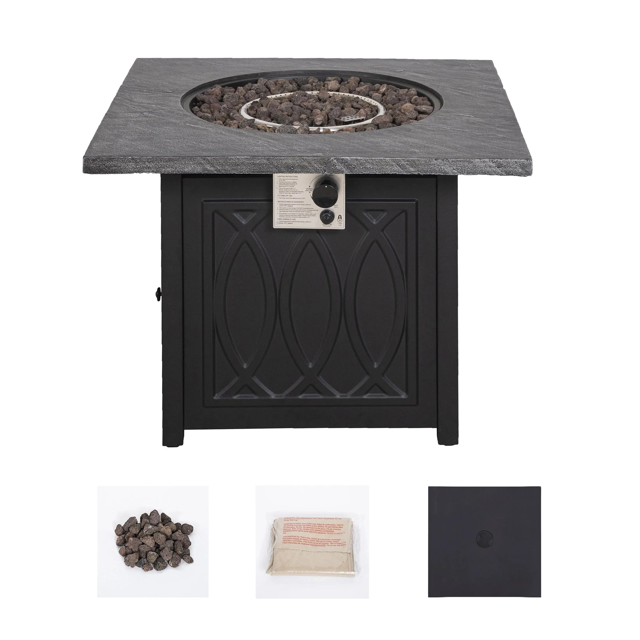 32 Inch Square Patio Black Metal Base 50000 BTU Firepit Table (Rain Cover Included)