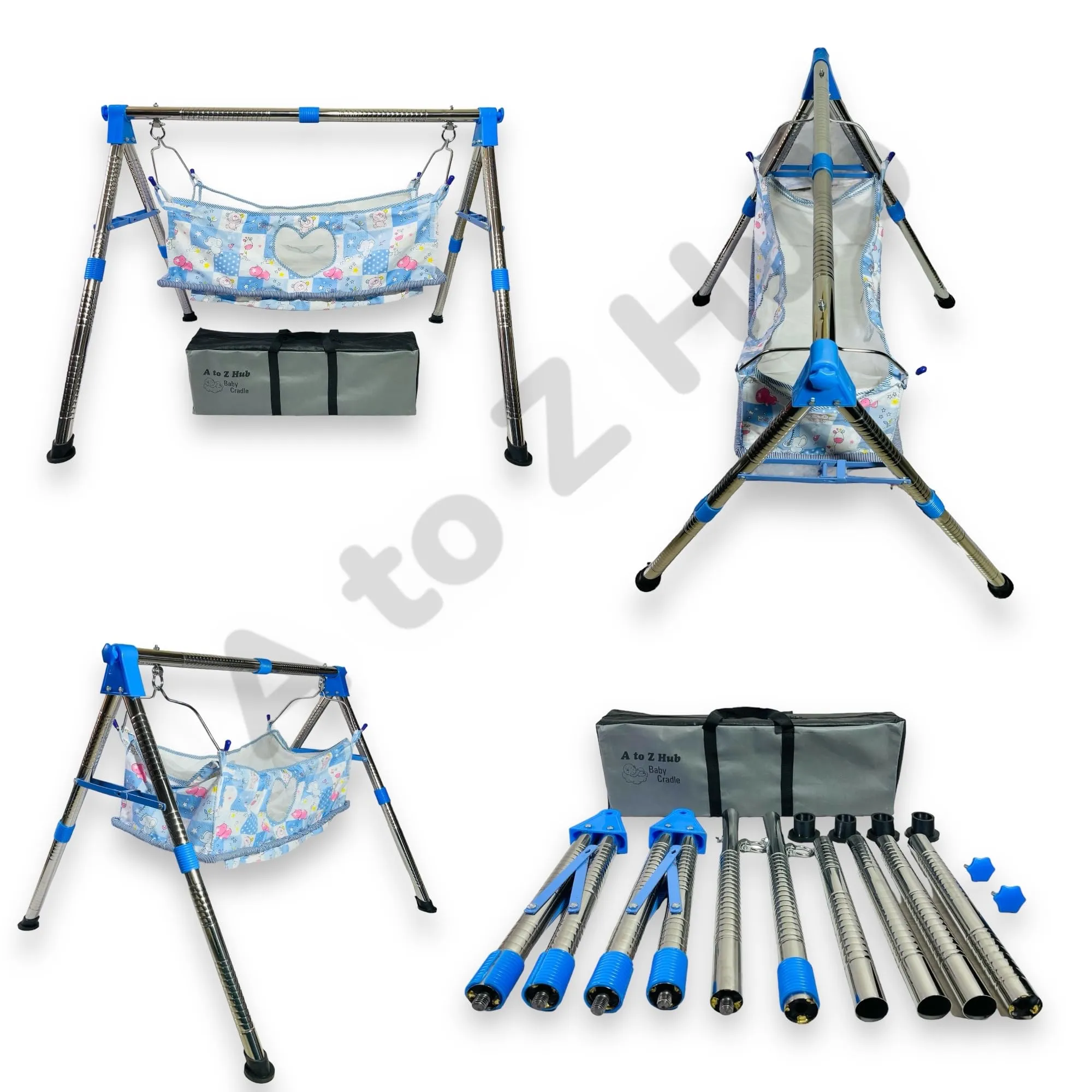 A to Z Hub Stainless Steel Foldable Baby Cradle/Ghodiyu/Baby Swing/Baby Jhula with Free Cotton Flat Hammock with Mosquito Net. (Blue)