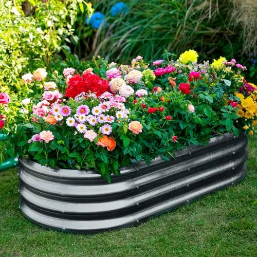 AHEONLAR Galvanized Raised Garden Bed Kit, Oval Large Metal Planter Box, Sturdy and Durable, Garden Boxes Outdoor Raised for Vegetables, Fruits, Flowers and Herbs, 4x2x1ft (Grey)