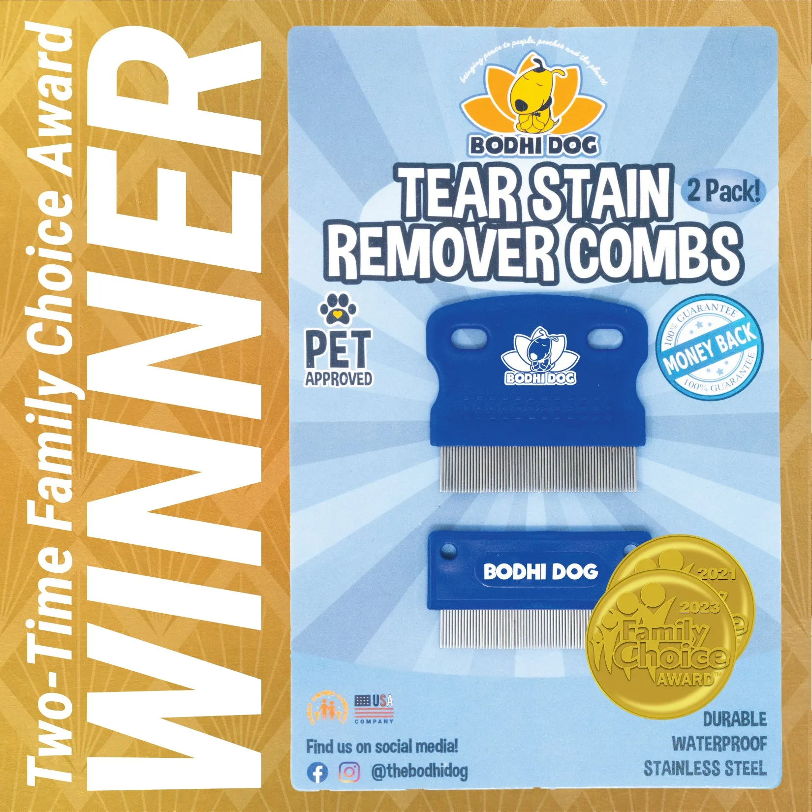 Bodhi Dog Tear Eye Stain Remover Combs | Set of 2 | Clean and Remove Crust, Dirt, Buildup around Pet Eyes | Best for Dogs & Cats Fur and Coats