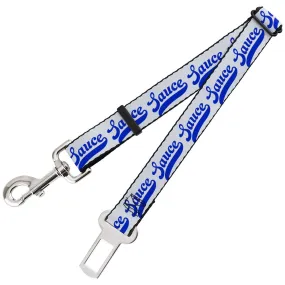 Dog Safety Seatbelt for Cars - SAUCE Baseball Script White/Blue