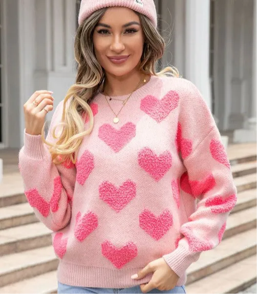 Fuzzy heart pink knit sweater Valentine