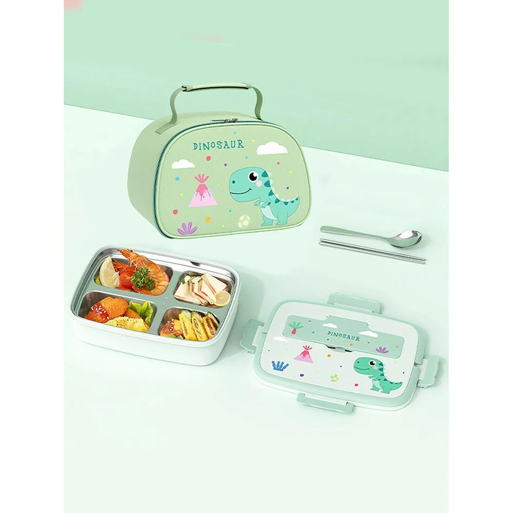 Green Dino Big Size Stainless Steel Lunch Box with Insulated Matching Lunch Bag, stainless steel spoon and chopsticks for Kids and Adults