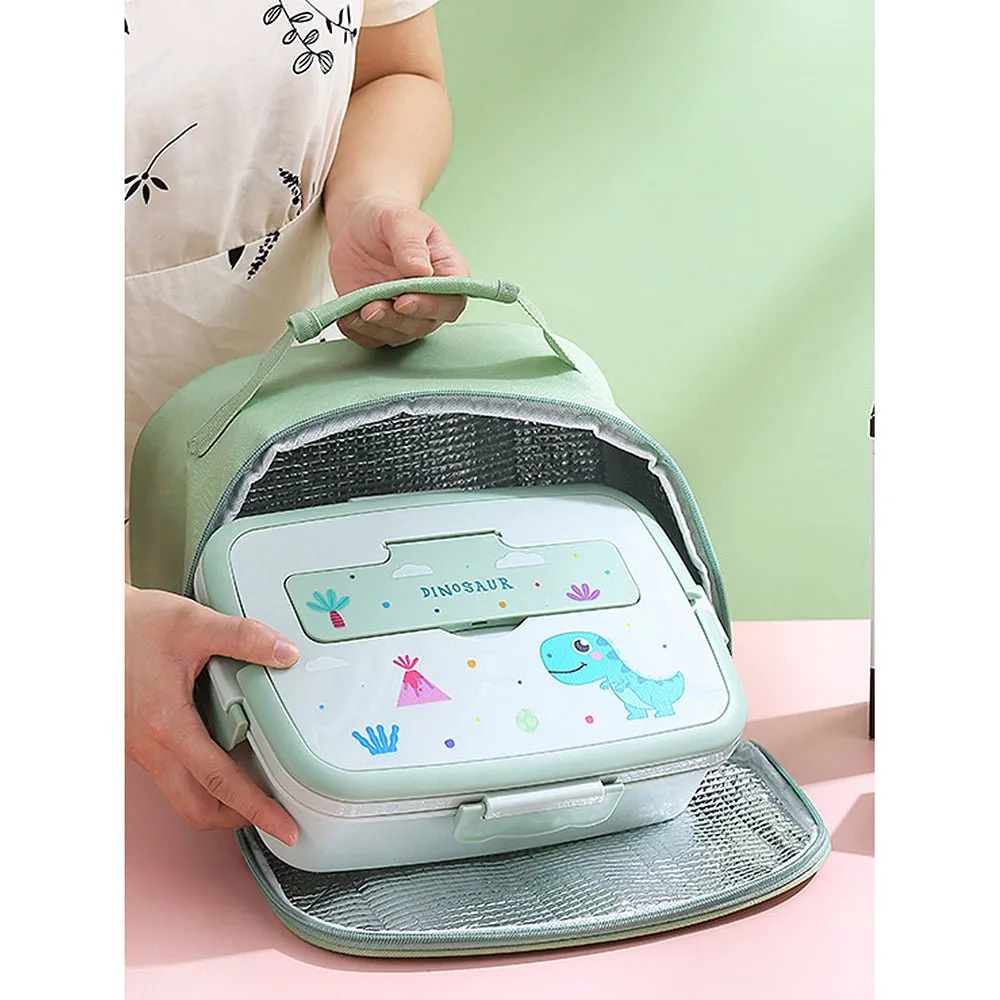 Green Dino Big Size Stainless Steel Lunch Box with Insulated Matching Lunch Bag, stainless steel spoon and chopsticks for Kids and Adults