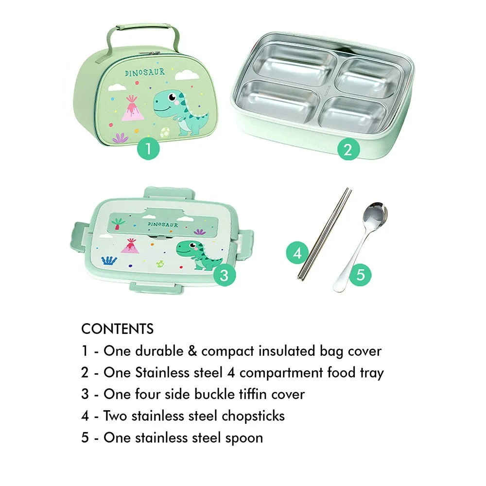 Green Dino Big Size Stainless Steel Lunch Box with Insulated Matching Lunch Bag, stainless steel spoon and chopsticks for Kids and Adults