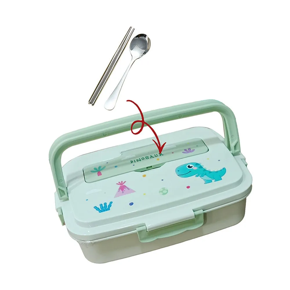 Green Dino Big Size Stainless Steel Lunch Box with Insulated Matching Lunch Bag, stainless steel spoon and chopsticks for Kids and Adults