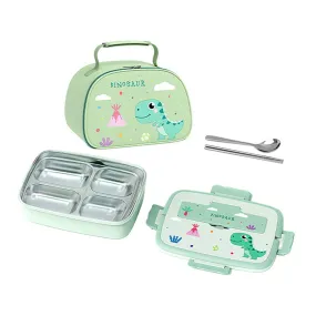 Green Dino Big Size Stainless Steel Lunch Box with Insulated Matching Lunch Bag, stainless steel spoon and chopsticks for Kids and Adults