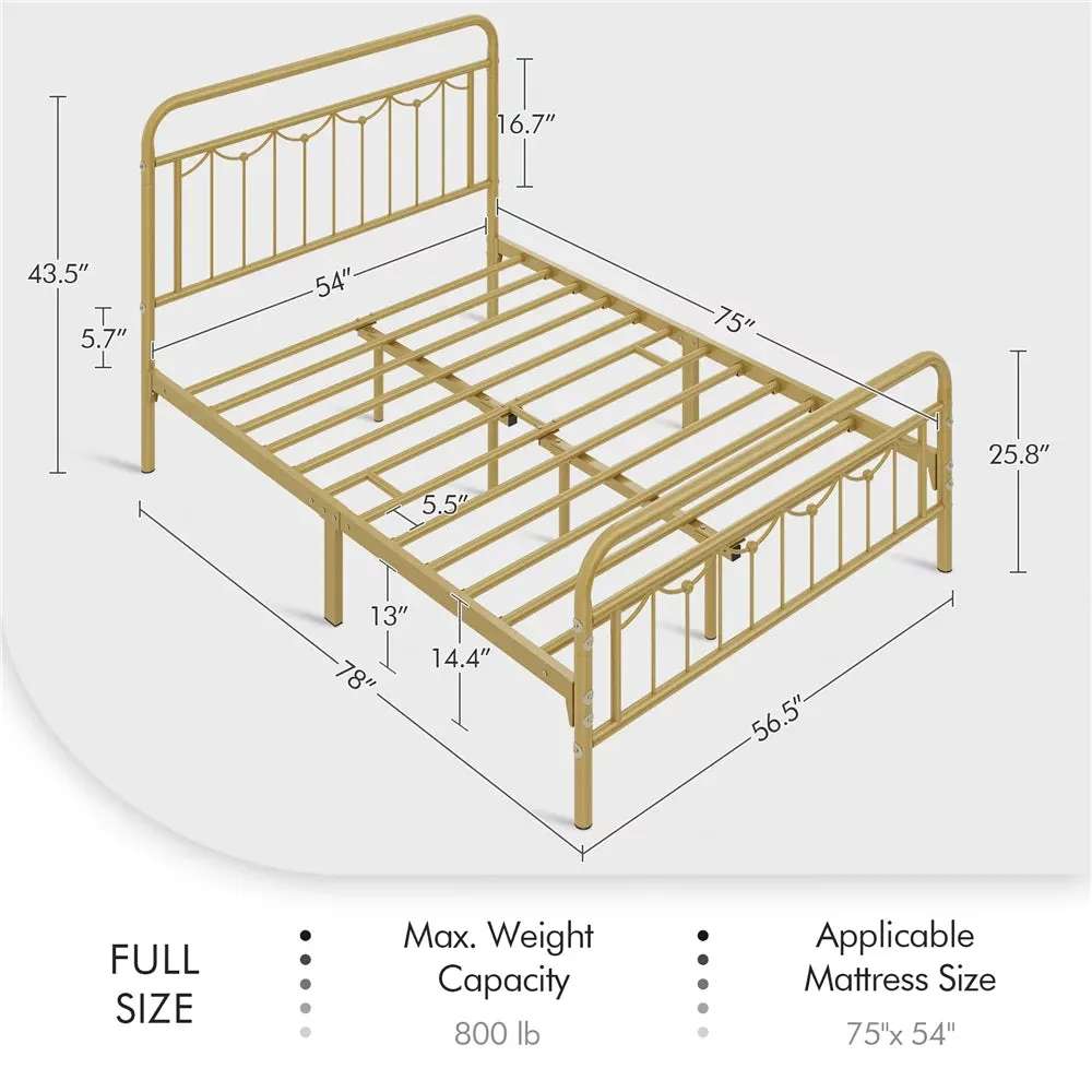 Metal Platform Full Bed with Vintage Headboard and Footboard, Antique Gold