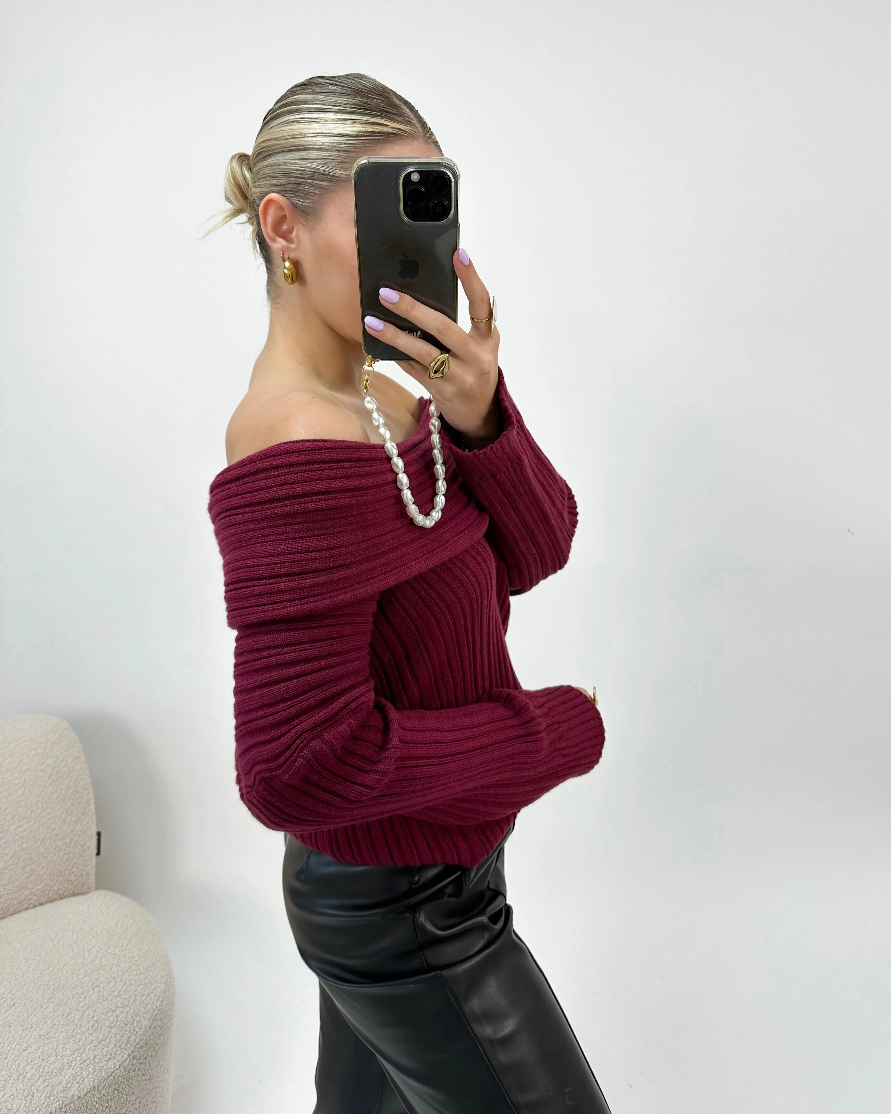 Off Shoulder Knit Burgundy