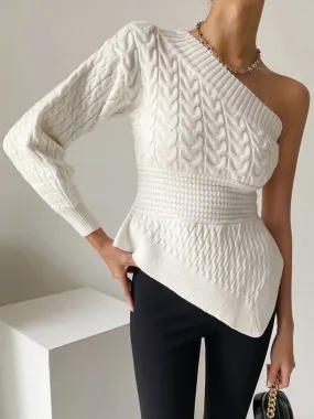 One Shoulder Asymmetrical Trendy Cable Knit Sweater