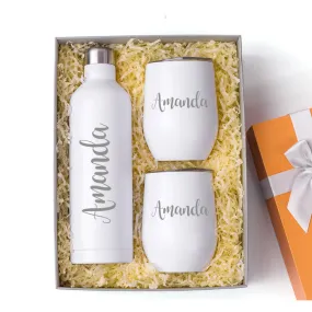 Personalised Hydro Bottle & Champagne Flutes Set- White