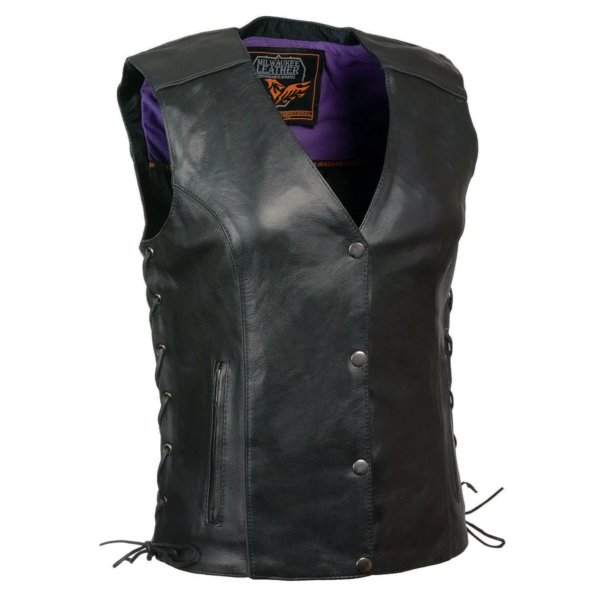 .PURPLE MLL4505 Women's Black Leather Side Lace Motorcycle Rider Vest-Reflective and Studded Purple Wings