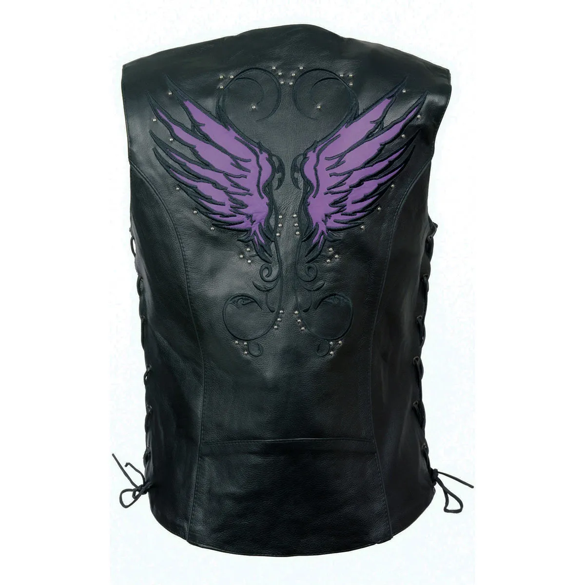 .PURPLE MLL4505 Women's Black Leather Side Lace Motorcycle Rider Vest-Reflective and Studded Purple Wings