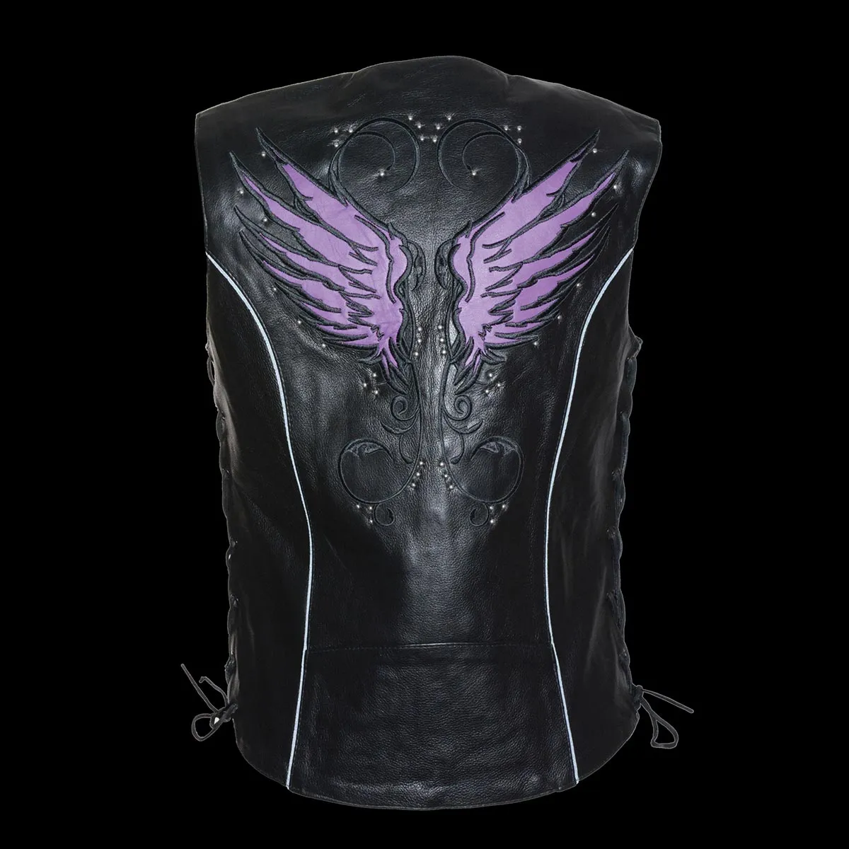 .PURPLE MLL4505 Women's Black Leather Side Lace Motorcycle Rider Vest-Reflective and Studded Purple Wings