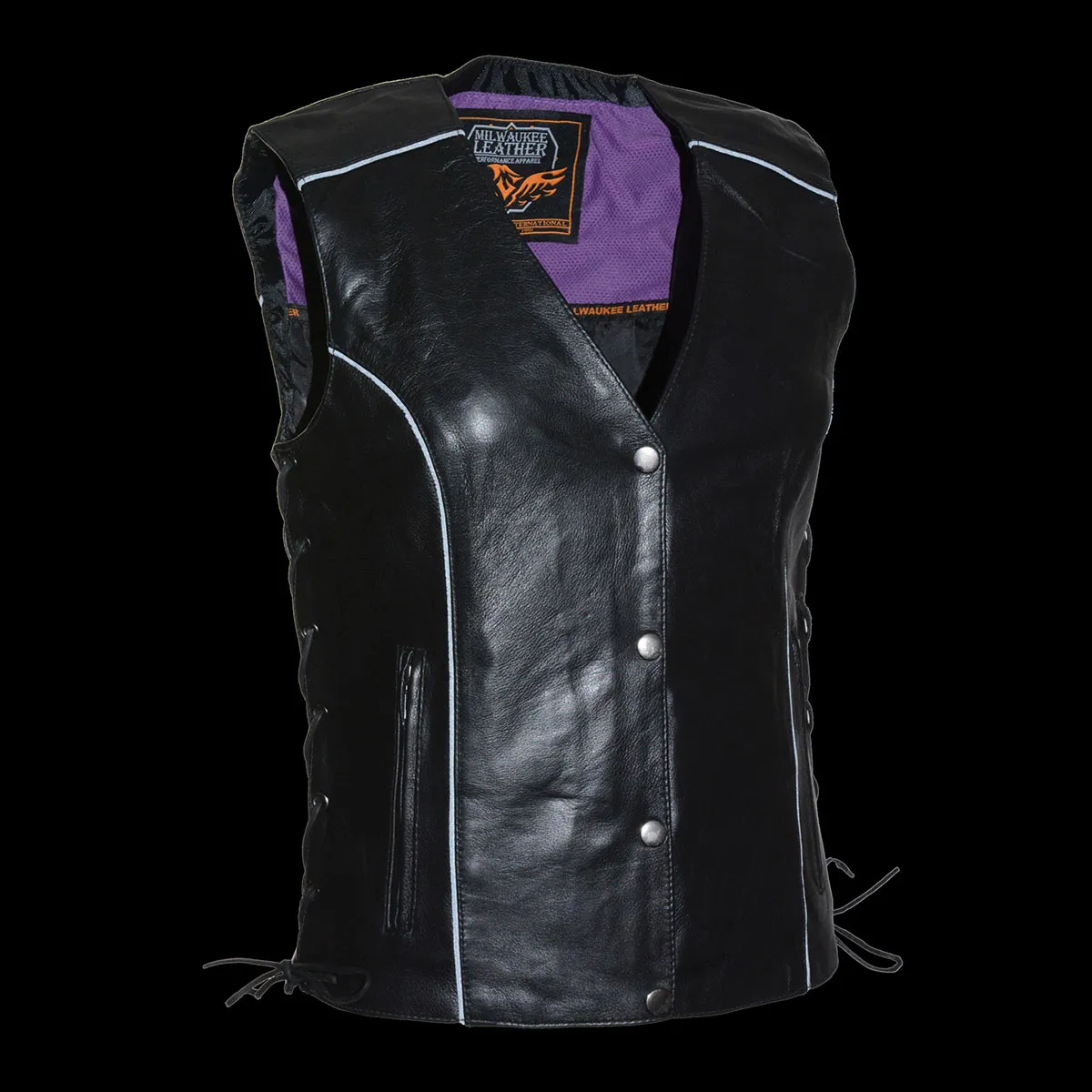 .PURPLE MLL4505 Women's Black Leather Side Lace Motorcycle Rider Vest-Reflective and Studded Purple Wings