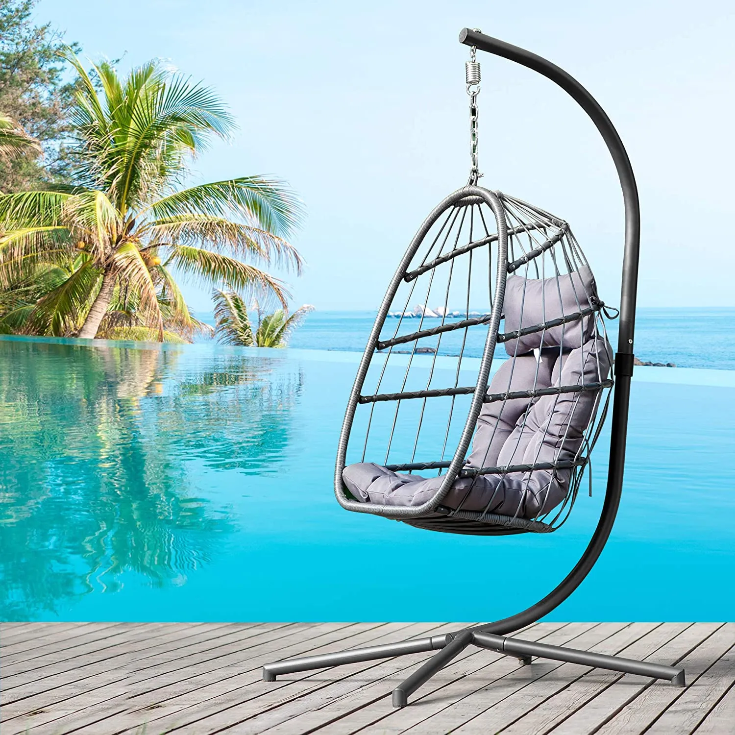 Rattan Hanging Swing Egg Chair,Hammock Chair, Aluminum Frame and UV Resistant Cushion