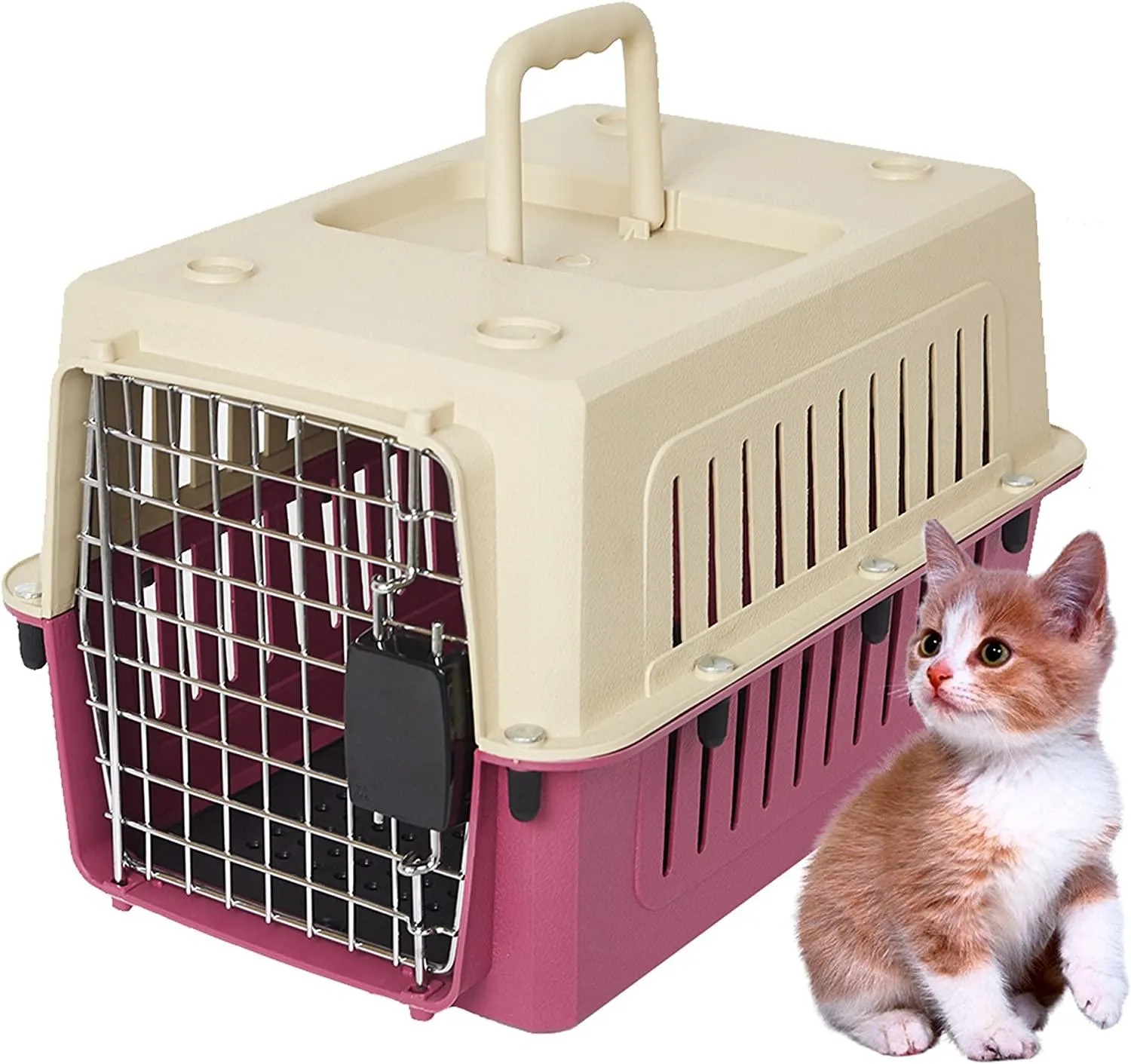 Small Plastic Cat & Dog Carrier Cage Portable Pet Box Airline Approved Pet Kennel 16.5lbs Weight Capacity, Red