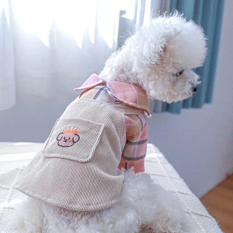 Sweet and Stylish: Pink Plaid Shirt with Cute Khaki Strap Dress - Perfect Pet Apparel for Spring and Summer