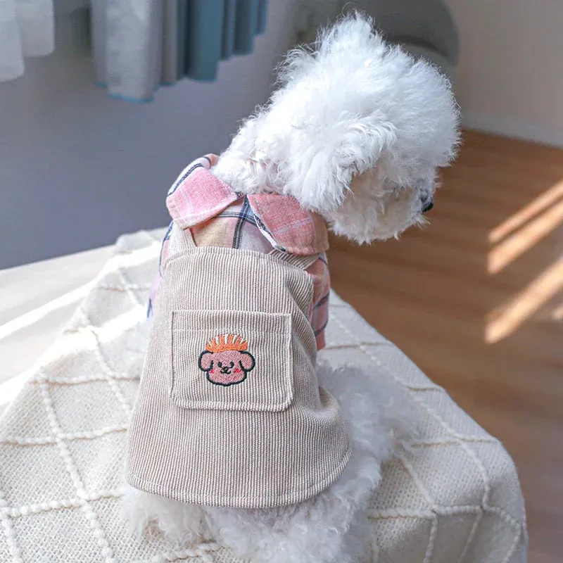 Sweet and Stylish: Pink Plaid Shirt with Cute Khaki Strap Dress - Perfect Pet Apparel for Spring and Summer