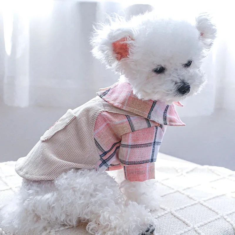 Sweet and Stylish: Pink Plaid Shirt with Cute Khaki Strap Dress - Perfect Pet Apparel for Spring and Summer