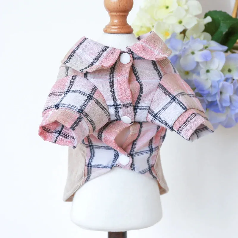 Sweet and Stylish: Pink Plaid Shirt with Cute Khaki Strap Dress - Perfect Pet Apparel for Spring and Summer