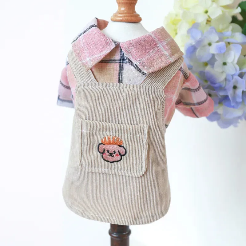 Sweet and Stylish: Pink Plaid Shirt with Cute Khaki Strap Dress - Perfect Pet Apparel for Spring and Summer